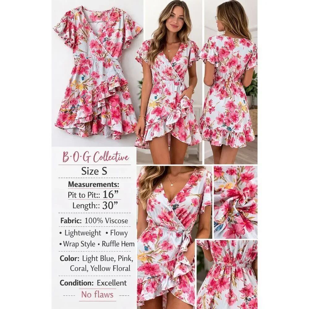 O.G Collective Floral Wrap Dress Small Blue Pink Ruffle Hem Mini